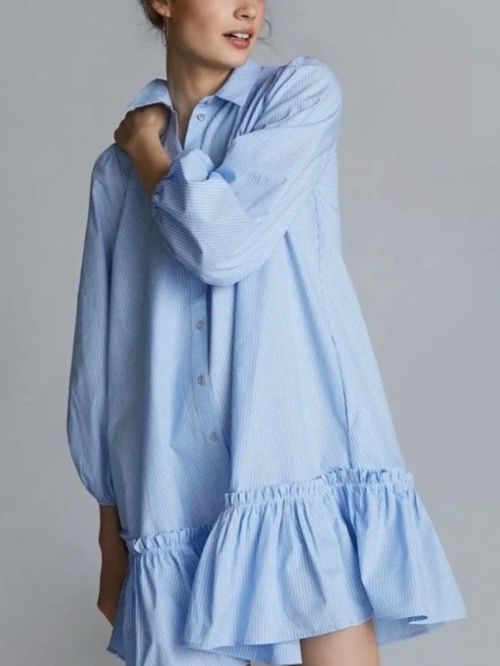 Anthropologie Light Blue Striped Ruffle-Hem Mini Dress